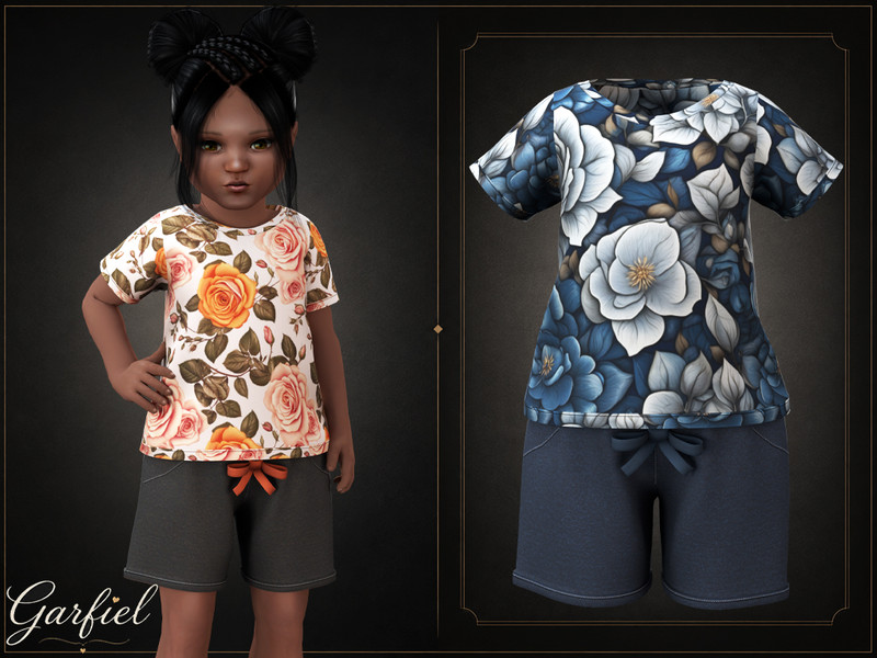 Sims 4 toddler boy clothing CC Toddler - Casual floral T-shirt set with comfy drawstring shorts by Garfiel