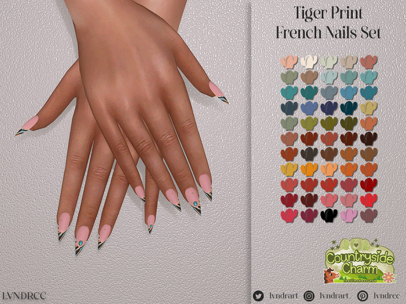 Sims 4 nail CC Tiger Print French Crystal Stiletto Nails by LVNDRCC