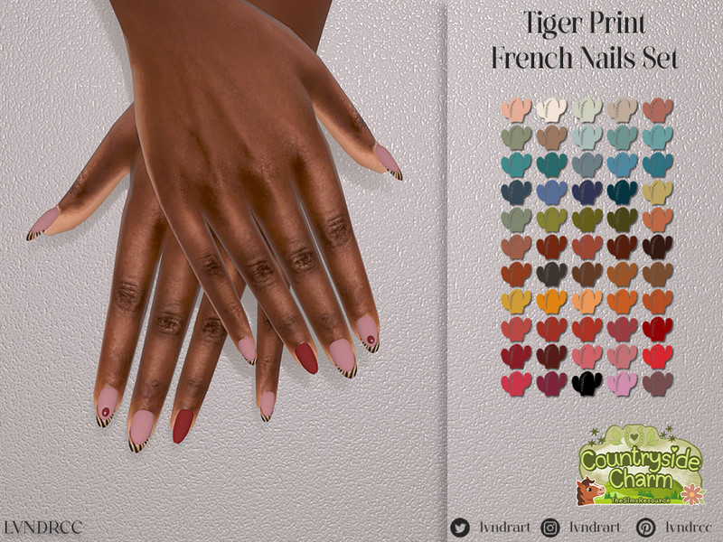 Sims 4 nail CC Tiger Print French Gemstone Almond Nails by LVNDRCC