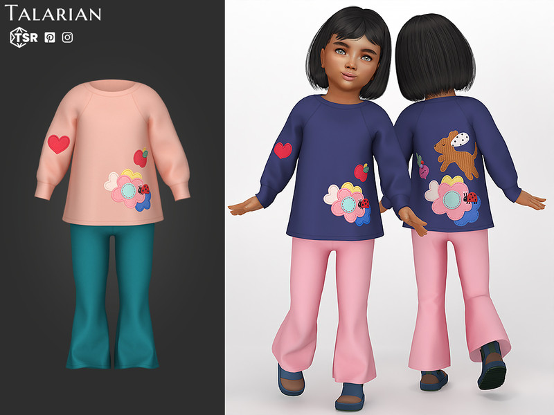 Sims 4 spring clothing CC Lila Outfit With Floral Sweatshirt And Flared Pants by talarian