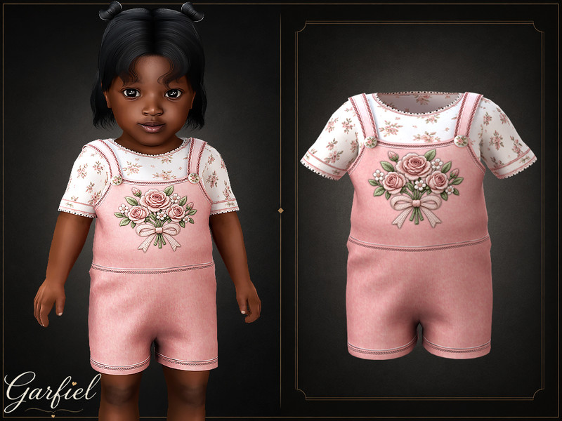 Sims 4 spring clothing CC Infant - Sweet floral romper with layered top and bouquet detail by Garfiel