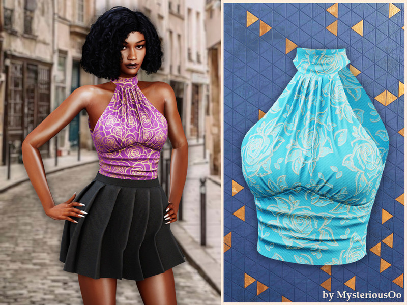 Sims 4 women’s top CC Rose print halter top by MysteriousOo