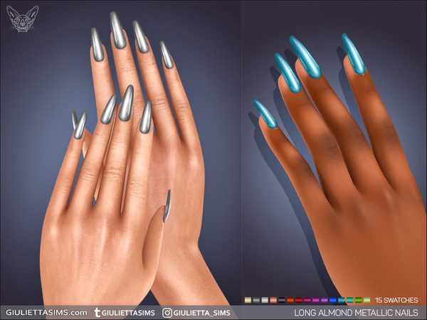 Sims 4 — Long Almond Metallic Nails by feyona — Metallic Nails come with 15 swatches, short, medium and long almond, and