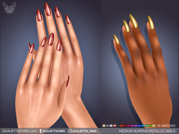 Sims 4 — Medium Almond Metallic Nails by feyona — Metallic Nails come with 15 swatches, short, medium and long almond,