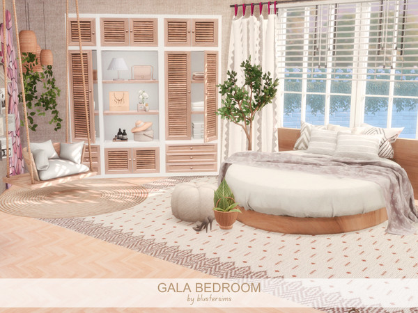 Sims 4 — Gala Bedroom by BlusterSims — A bright, cozy boho bedroom with warm wood, soft neutrals, natural textures, and