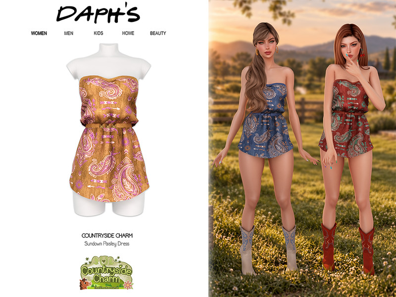 Sims 4 dress CC Countryside Charm - Sundown Paisley Dress by Daph's