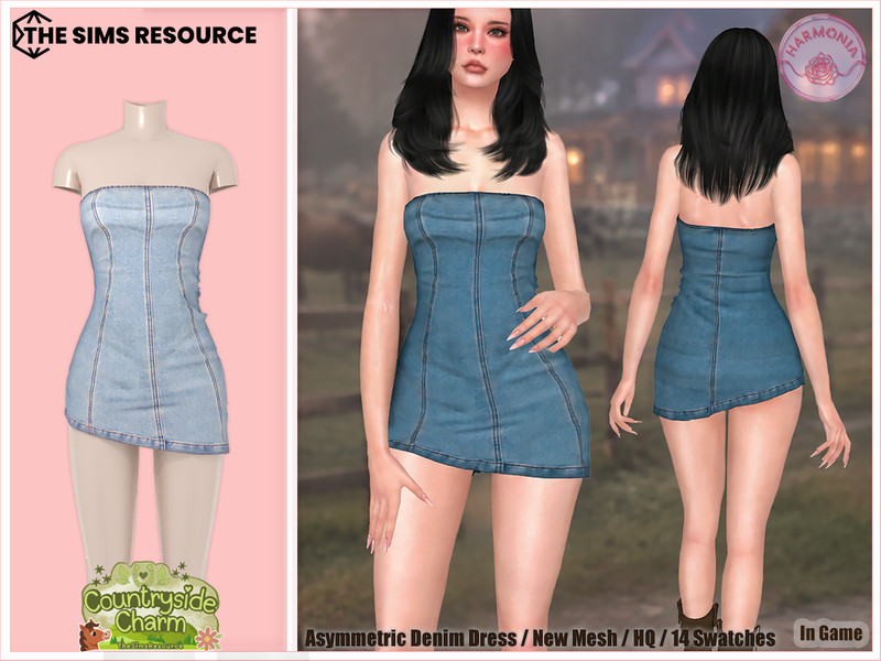Sims 4 dress CC Countryside Charm Asymmetric Denim Dress by Harmonia