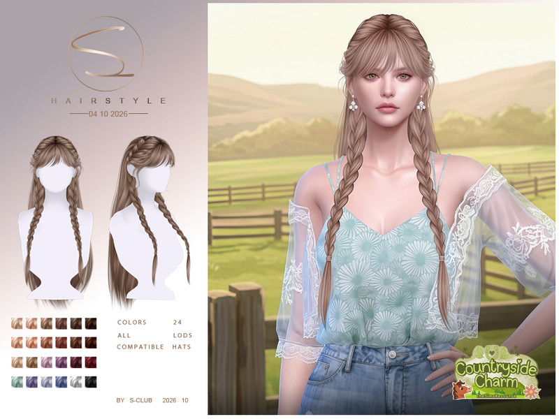 Sims 4 Black hairstyle CC S-CLUB double braids hair Countryside Charm by S-Club