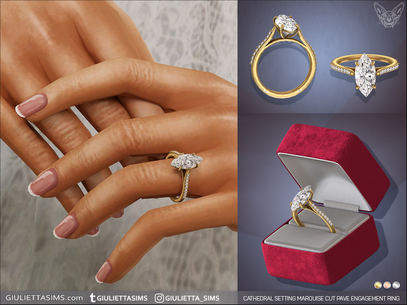 Sims 4 glamour and red-carpet fashion CC Cathedral Setting Marquise Cut Diamond Pave Engagement Ring by feyona