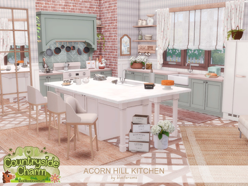 Sims 4 kitchen and dining CC CC Acorn Hill Kitchen by BlusterSims