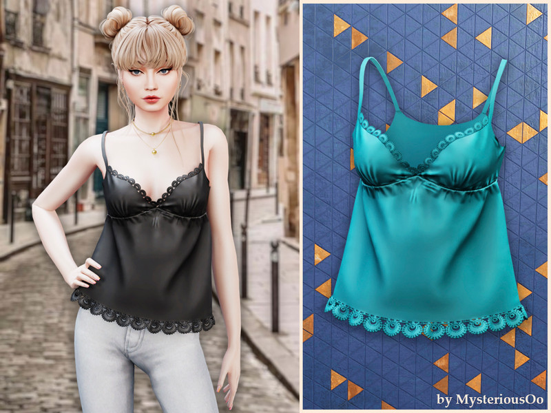 Sims 4 lace bow and ruffle fashion CC Lace trim silk cami by MysteriousOo