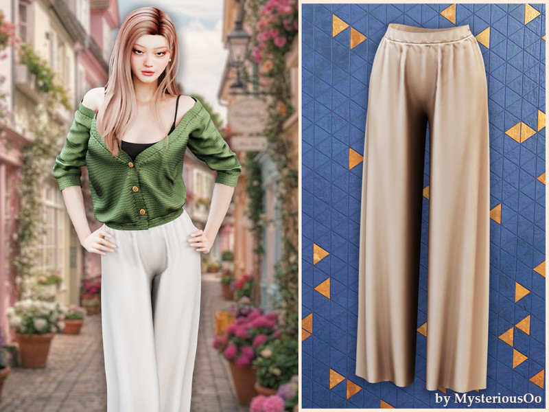 Sims 4 contemporary women’s clothing custom content CC Silk wide leg pants by MysteriousOo