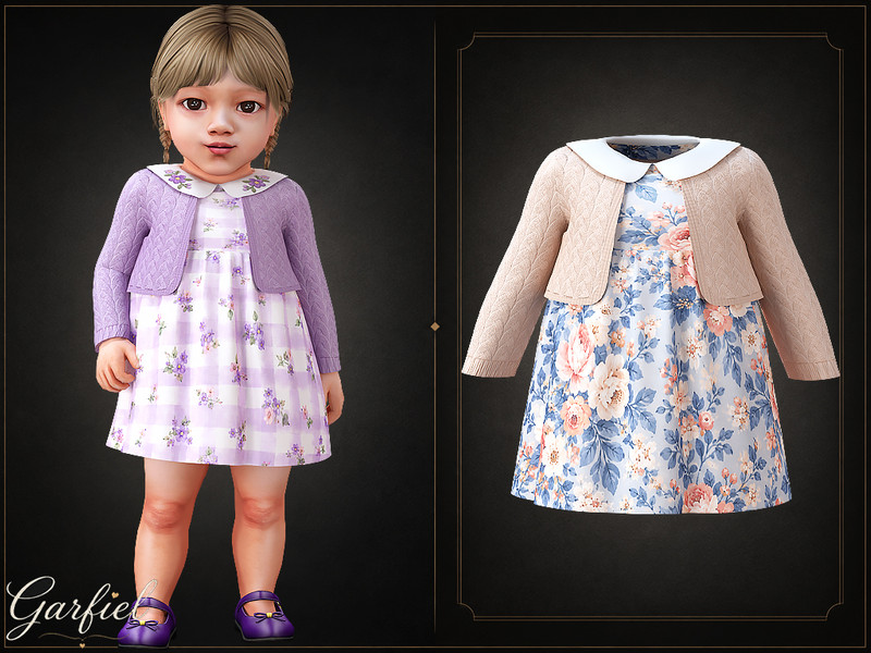 Sims 4 fall clothing CC Infant - Floral dress set with knit cardigan and sweet collar by Garfiel