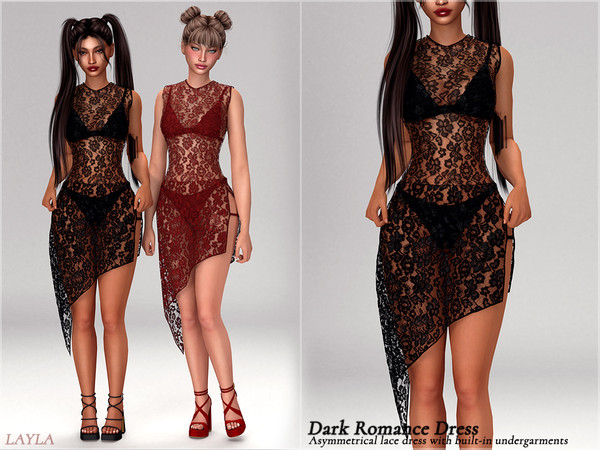 Sims 4 — Layla - Dark Romance Asymmetrical Lace Dress by Layla — Asymmetrical sheer floral lace dress with built-in micro