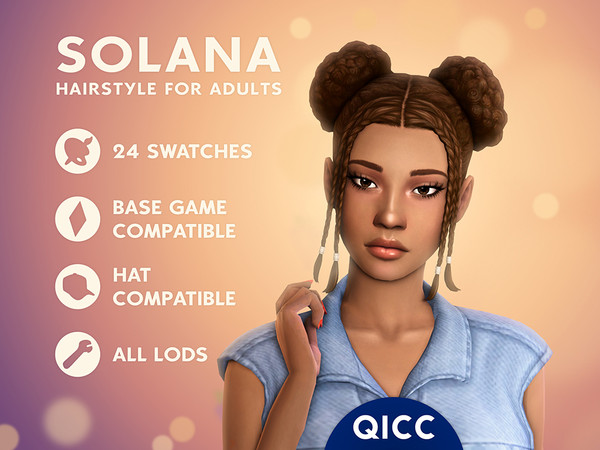 Sims 4 — Solana Hair by qicc — High curly space buns with a middle part and beaded face-framing braids. - Maxis Match