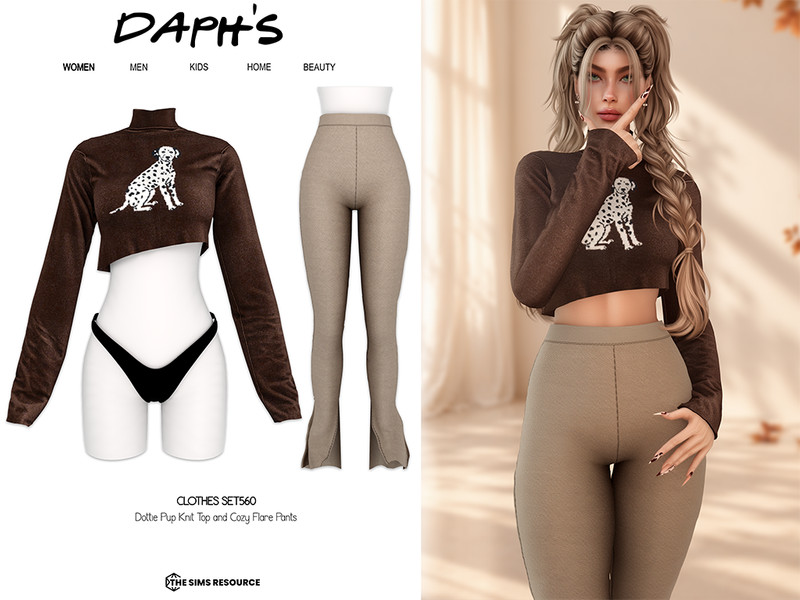 Sims 4 complete clothing set CC Dottie Pup Knit Top and Cozy Flare Pants by Daph's
