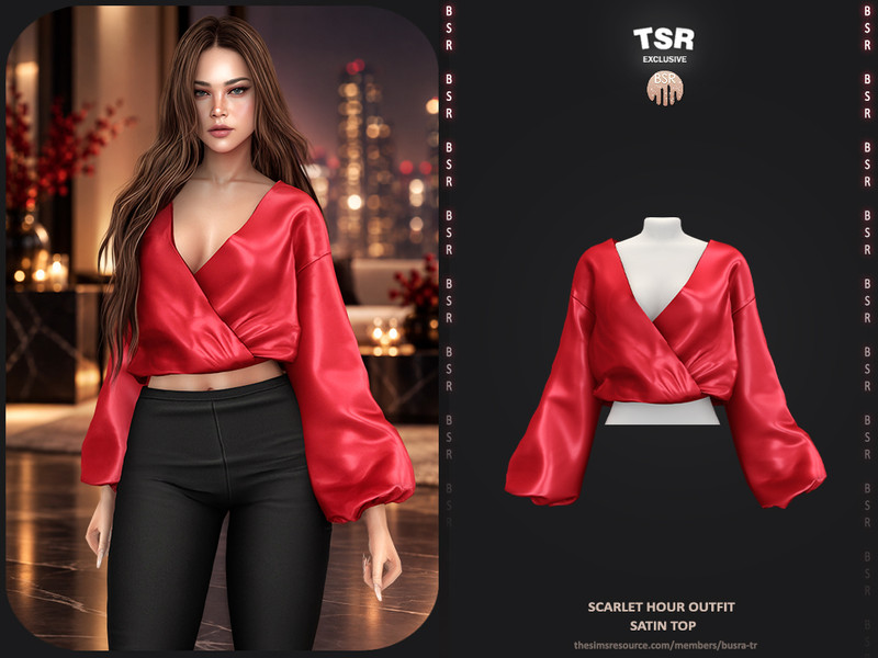 Sims 4 festive sparkle satin and party fashion CC Scarlet Hour Outfit - Satin Top by busra-tr