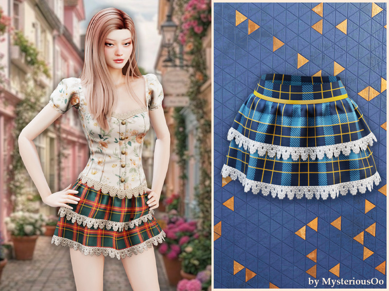 Sims 4 lace bow and ruffle fashion CC Plaid lace tiered skirt by MysteriousOo