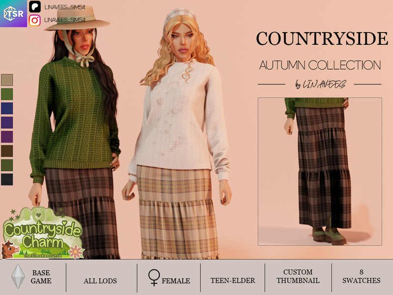 Sims 4 contemporary women’s clothing custom content CC COUNTRYSIDE CHARM - MIDI SKIRT by linavees