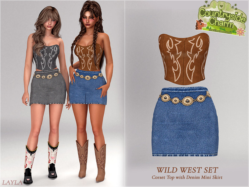 Sims 4 complete clothing set CC Layla - Wild West Set - Corset Top with Mini Skirt by Layla