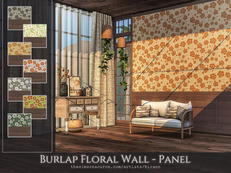 Sims 4 Build Mode CC Burlap Floral Wall - Panel by Rirann