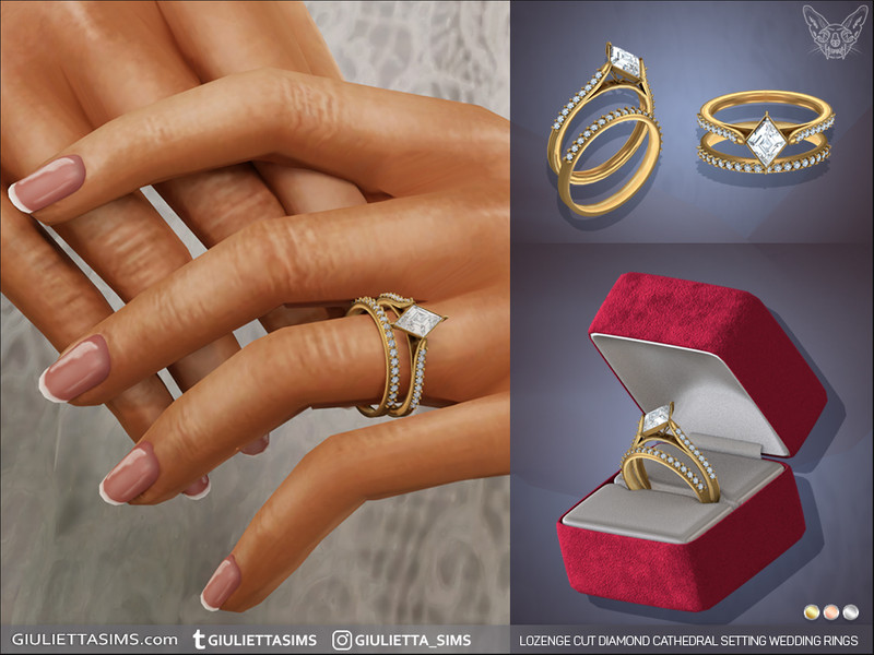 Sims 4 special occasion fashion CC Lozenge Cut Diamond Cathedral Pave Setting Wedding Rings by feyona