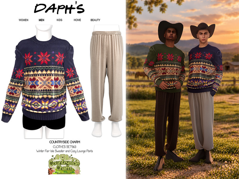 Sims 4 complete clothing set CC Countryside Charm - Winter Fair Isle Sweater and Cozy Lounge Pants by Daph's