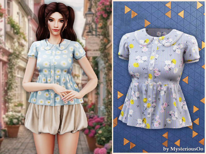 Sims 4 spring clothing CC Floral stripe peplum blouse by MysteriousOo