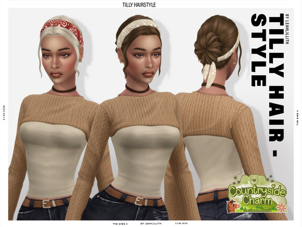 Sims 4 — Countryside Charm Tilly Bun Hairstyle by Leah_Lillith — There is a separate bandana RECOLOR ONLY accessory, that