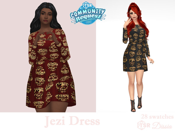 Sims 4 — Jezi Dress by Dissia — Long sleeves short dark dress with cheetah pattern skulls
