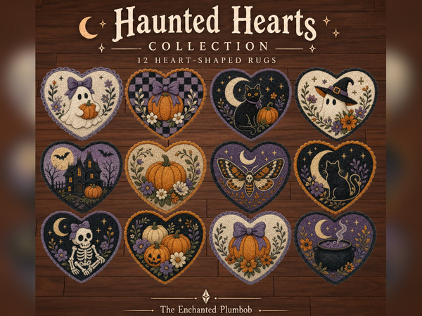 Sims 4 — The Haunted Hearts Collection by LowElfEsteem — A collection of 12 vintage-inspired Halloween heart rugs