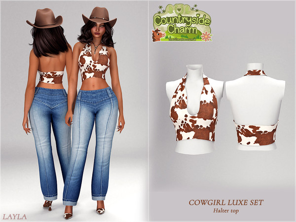Sims 4 — Cowgirl Luxe Set-Halter Top by Layla — Top: Backless halter top featuring an iconic cow-hide pattern and deep
