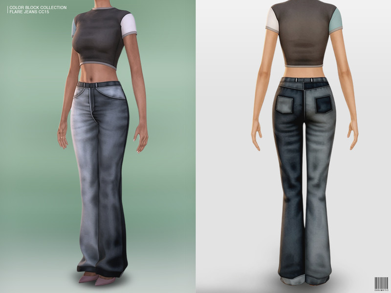 Sims 4 denim jeans romper and overall clothing CC Color Block Collection Flare Jeans by cosimetic