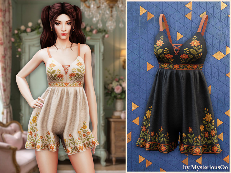 Sims 4 spring clothing CC Embroidered floral romper by MysteriousOo