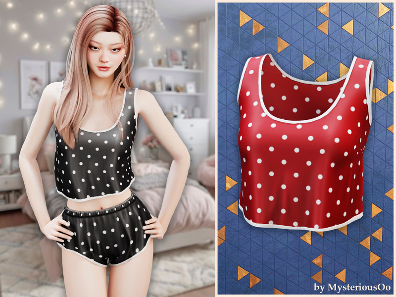 Sims 4 pajama CC Polka dot silk pajama top by MysteriousOo
