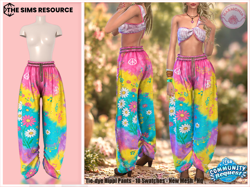 Sims 4 contemporary women’s clothing custom content CC Tie-dye Hippi Pants by Harmonia