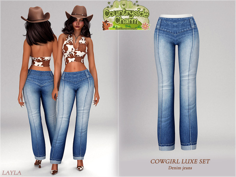 Sims 4 farm and ranch clothing CC Cowgirl Luxe Set-Denim Jeans by Layla