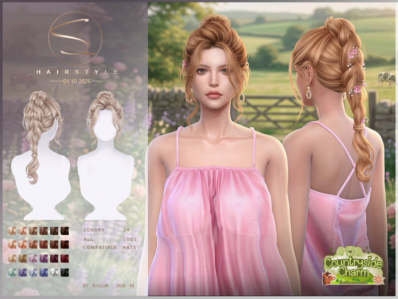 Sims 4 Black hairstyle CC S-CLUB braid ponytail hair Countryside Charm by S-Club