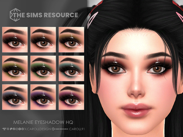 Sims 4 — Melanie Eyeshadow HQ by Caroll912 — A 9-swatch dark, glossy eyeshadow in the shades of black and dark rainbow.