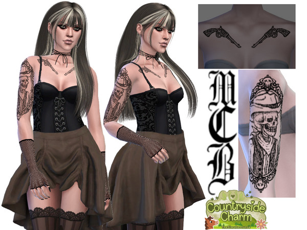 Sims 4 — Wild West Skeleton Cowboy Right Upper Arm Tattoo by MaruChanBe2 — Wild west inspired tattoos for your cuties.