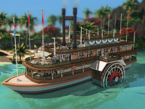 Sims 4 — Steamboat Cafe - NO CC by plumbobkingdom — This charming cafe operates aboard an old steamboat, surrounded by