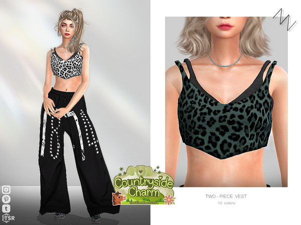 Sims 4 — TWO-PIECE VEST by ZNsims — Two-piece set, vest, leopard print, layered, casual