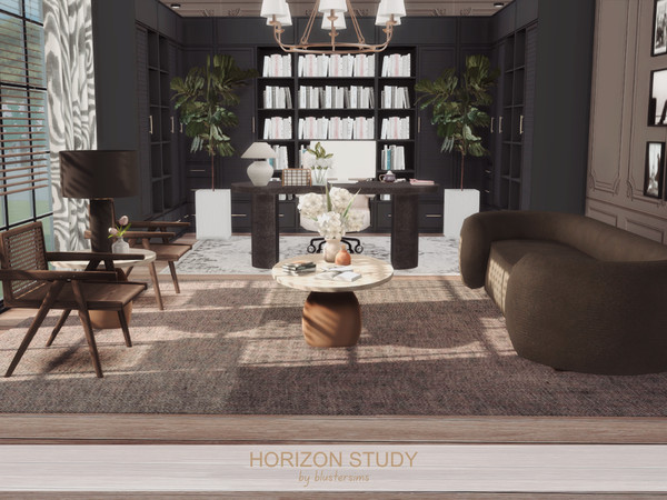 Sims 4 — Horizon Study by BlusterSims — The Horizon Study is a refined, contemporary workspace combining rich dark wood,