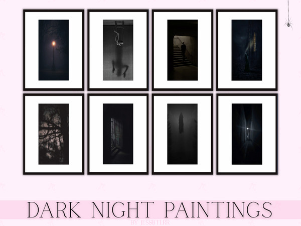 Sims 4 — Dark Night Paintings by jessbtlrr — Bring a touch of mystery to your builds with this creepy collection of 8