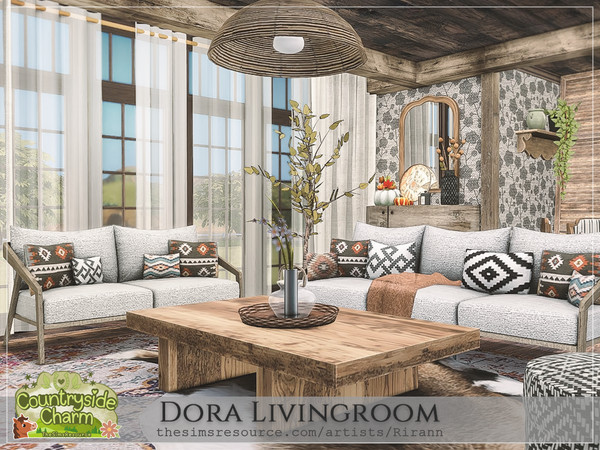 Sims 4 — Countryside Charm - Dora Livingroom by Rirann — Dora is a cozy country living room in brown, white and beige