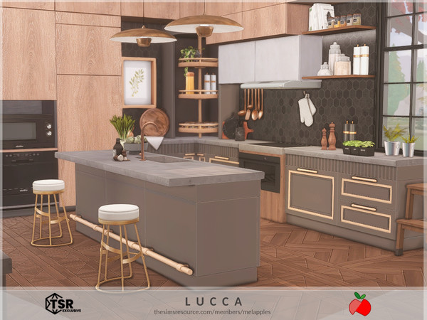 Sims 4 — Lucca - kitchen by melapples — an elegant gourmet kitchen in darker wood, gray and black. 7x6