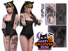 Sims 4 — Gothic Bat Winged Cat On Moon Right Upper Arm Tattoo by MaruChanBe2 — Halloween kitties inspired tattoos for