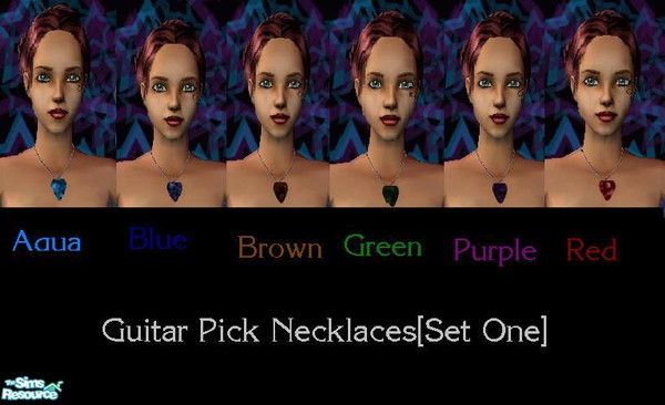 Sims 2 — Guitar Pick Necklaces[Set One] by DriedSunflower — A set of guitar pick necklaces in six colors. Aqua, Blue,