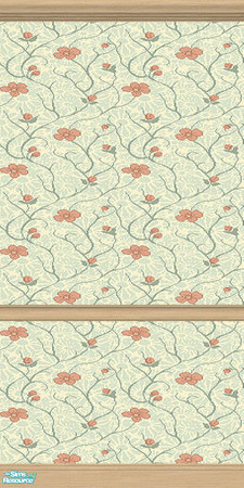 Sims 2 — Country Flowers Wall 2 by ImmeK — A flowers pattern wallpaper in peach and teal on a cream background, framed in