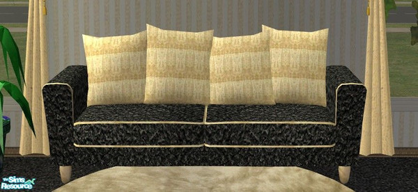 Sims 2 — Midas Living Set - Sofa by Riverwillows — Lovely black velvet sofa with gold piping and pillows. Part of the